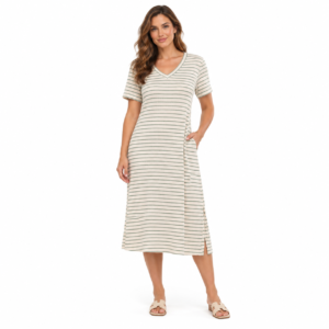 Vestido Midi Malha Canelada Decote V